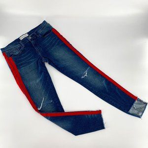 Etienne Marcel Tammy Side Stripe Skinny Double Red Ribbon High Low Raw Hem Jeans